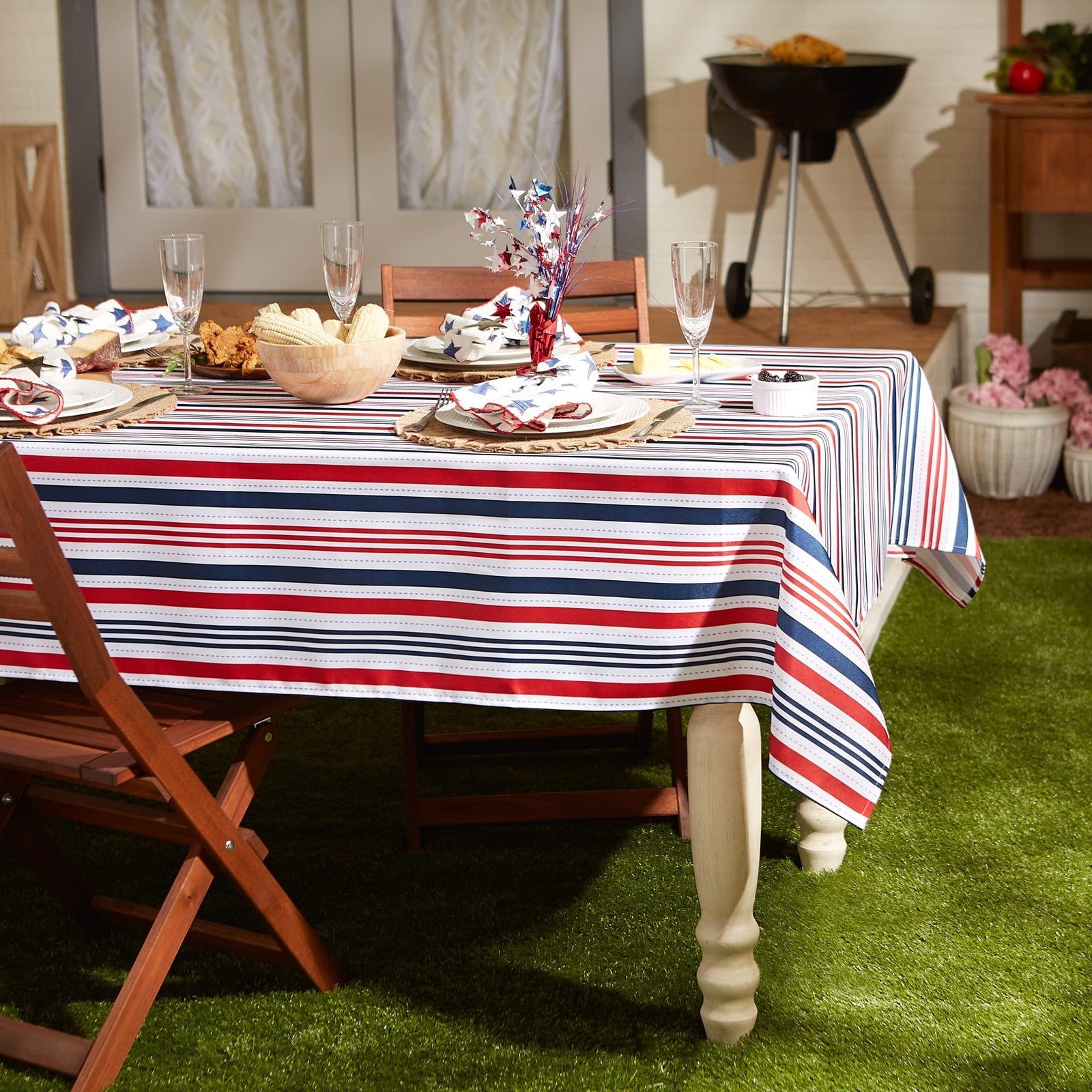 Patriotic Stripes Tablecloth 60x84 Red White Blue Waterproof Polyester