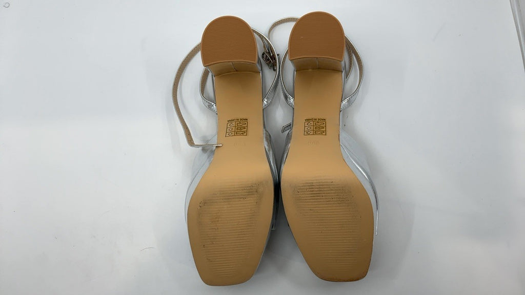 Silver Chunky Heeled Platform Sandals, 4.7 In, Size 8.5, Open Toe
