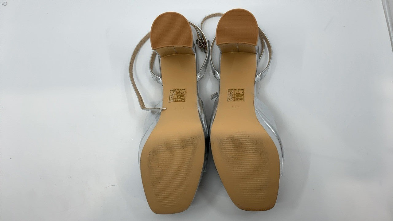 Silver Chunky Heeled Platform Sandals, 4.7 In, Size 8.5, Open Toe