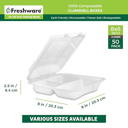 50-Pack 8x8 Compostable Clamshell Containers - Microwave & Freezer Safe