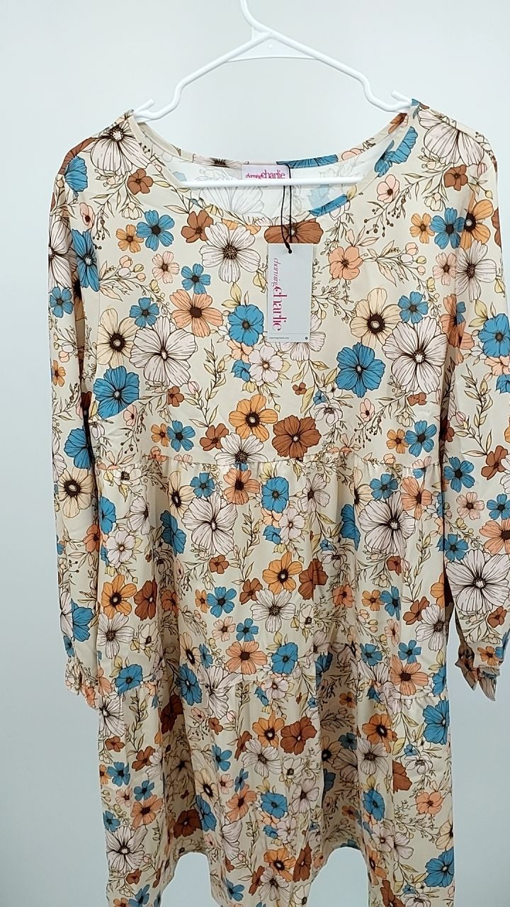 Tiered Floral Round Neck Long Sleeve Dress