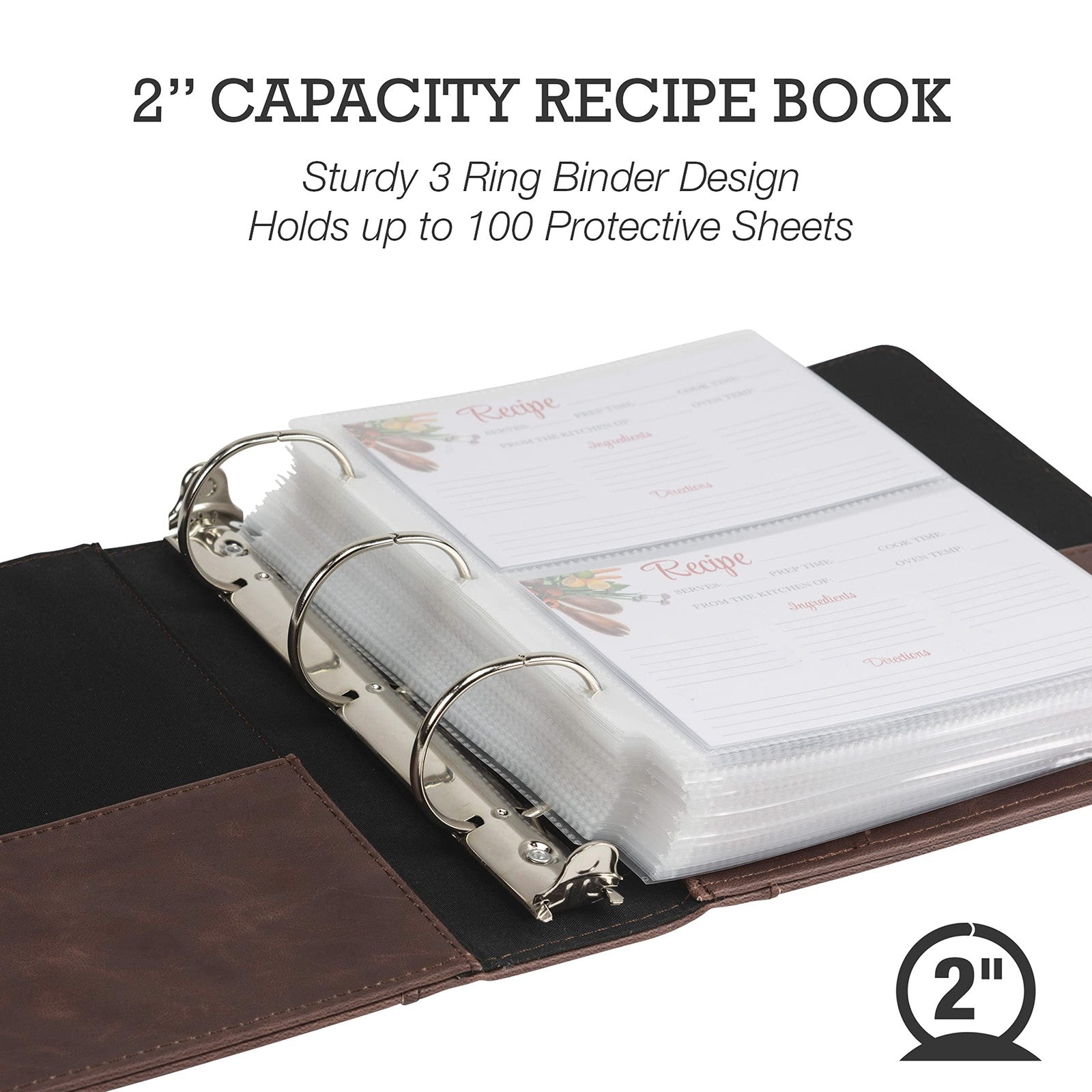 2-Inch Recipe Organizer Binder, Faux Leather, 50 Card Sleeves & Dividers