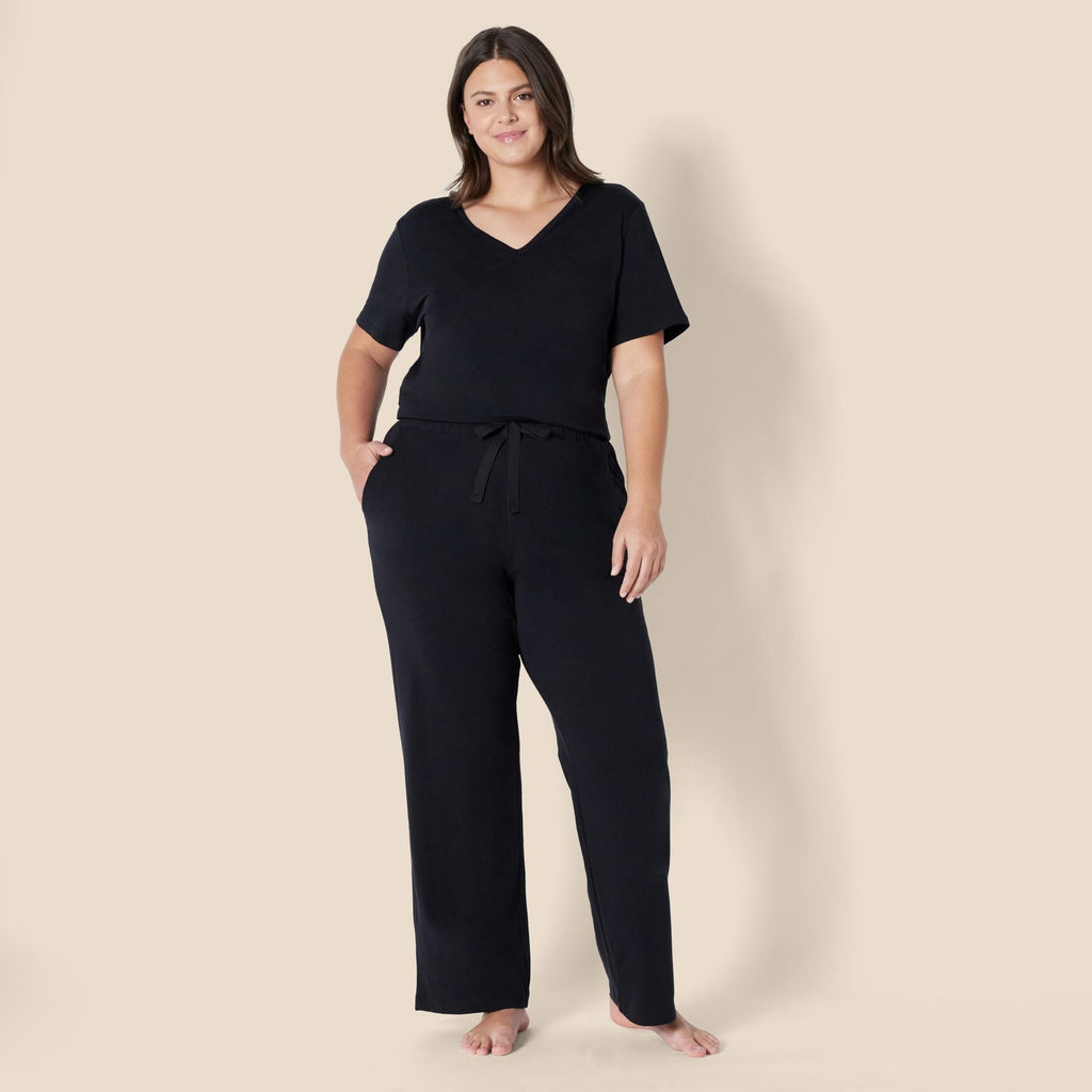 Cotton Blend Women's Sleep Set, Short Sleeve T-Shirt & Pants, Black, M