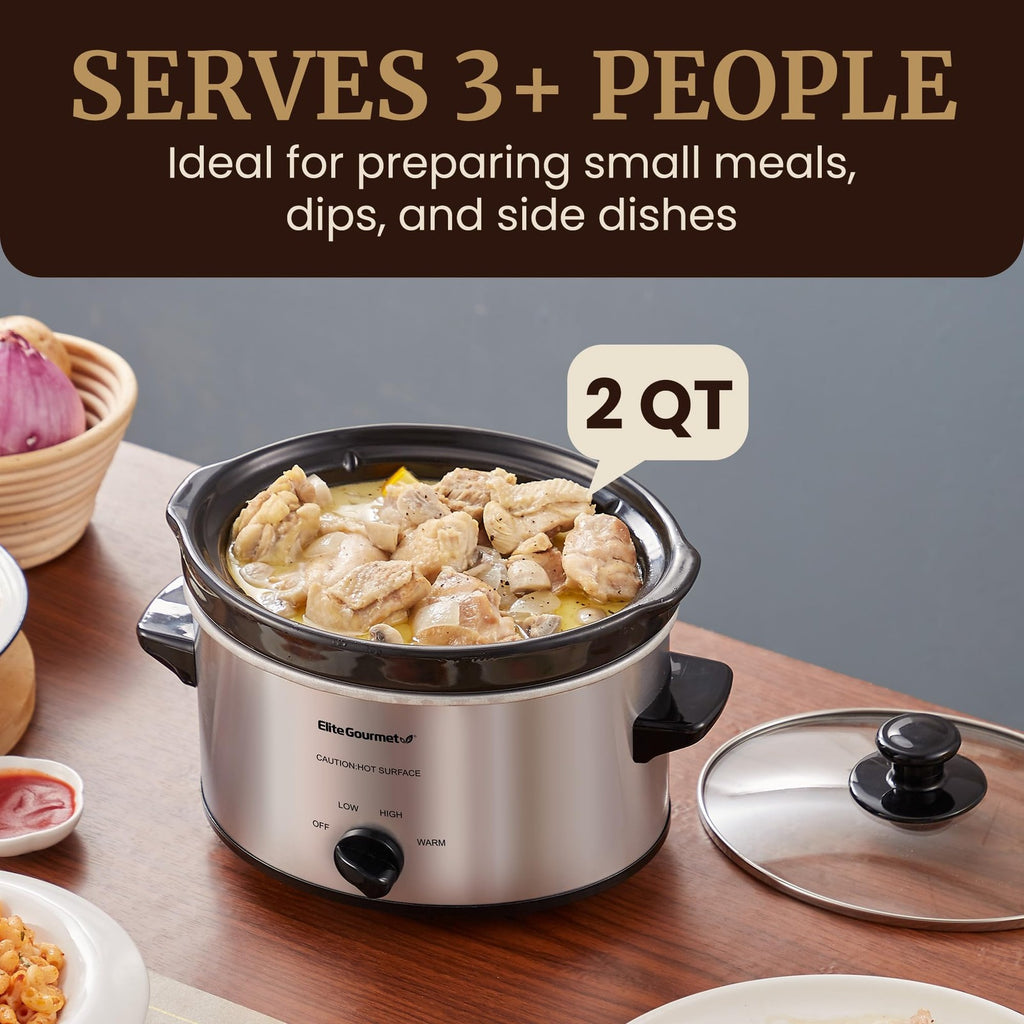 Elite Gourmet Slow Cooker, 2 Quart, Adjustable Temp, Stainless Steel Finish
