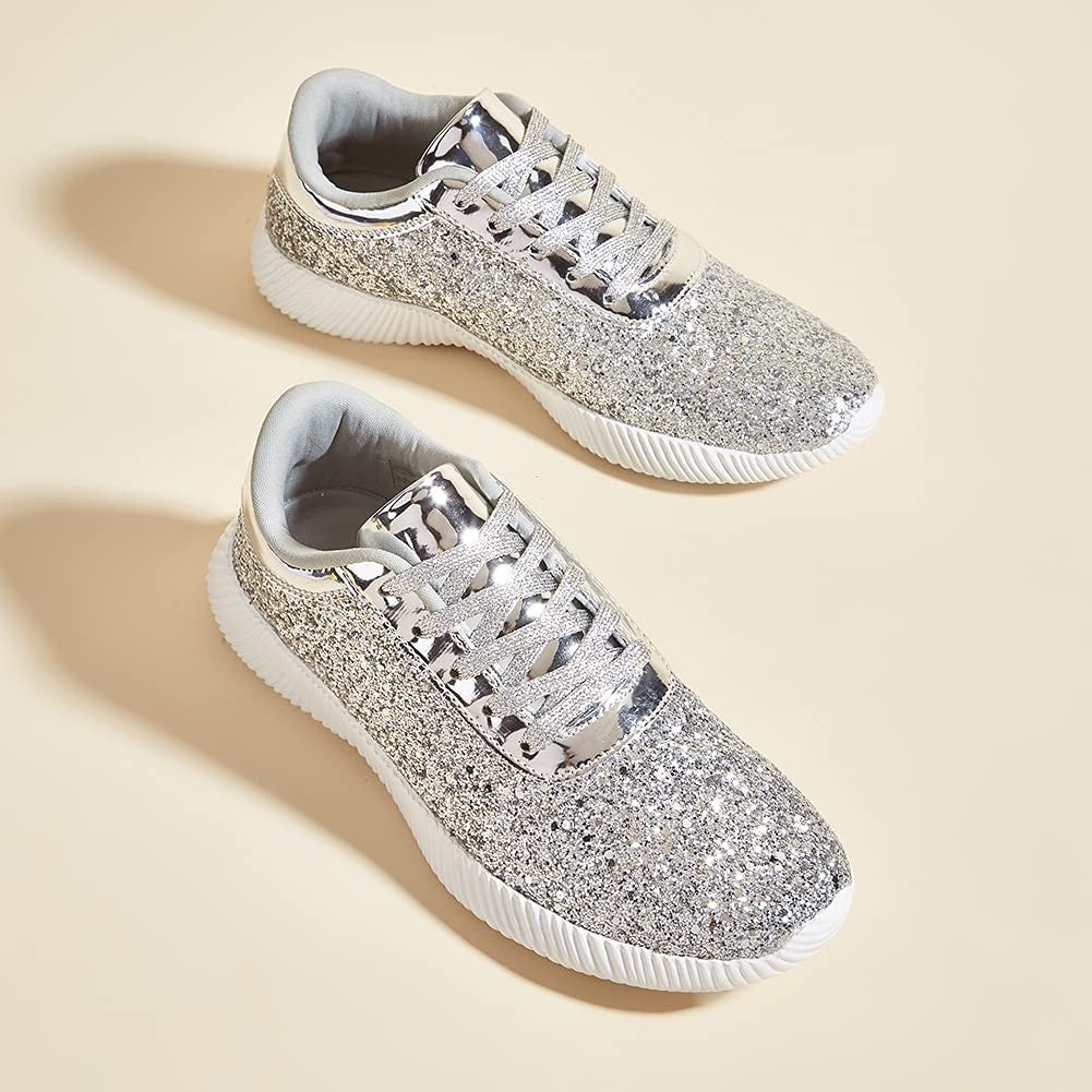 Silver Glitter Tennis Shoes for Women 11B Lightweight Sparkly Style