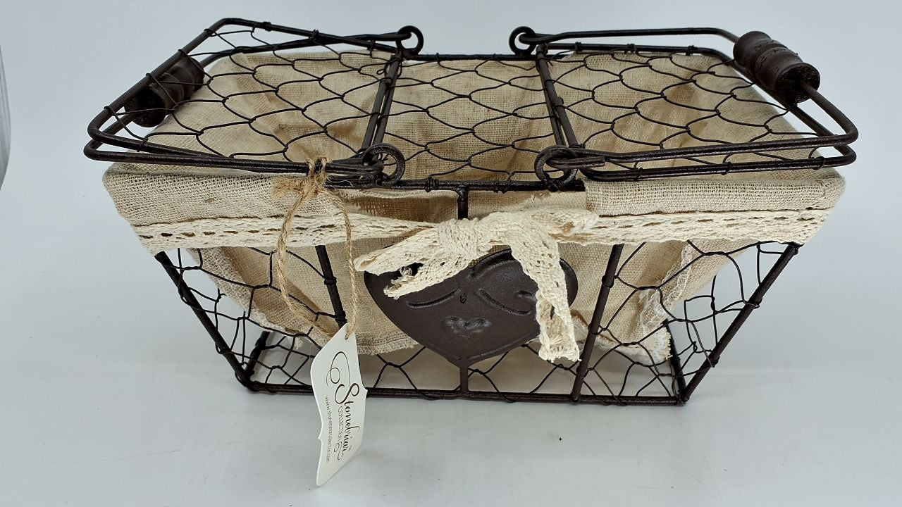 Decorative Metal Picnic Basket w/ Wooden Handles & Cream Fabric Liner