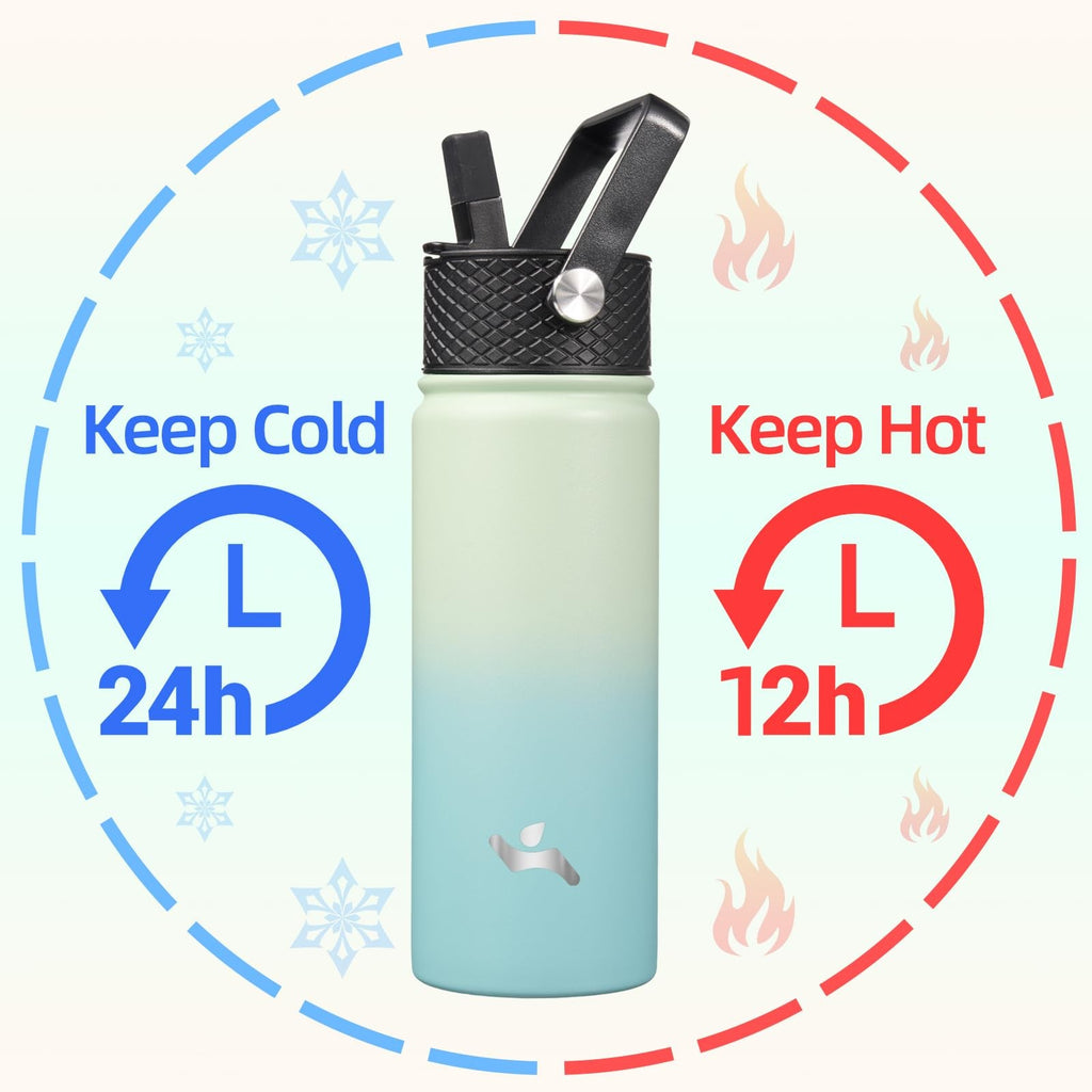 Konokyo 18 Oz Stainless Steel Insulated Bottle Mint Color w/ 3 Lids