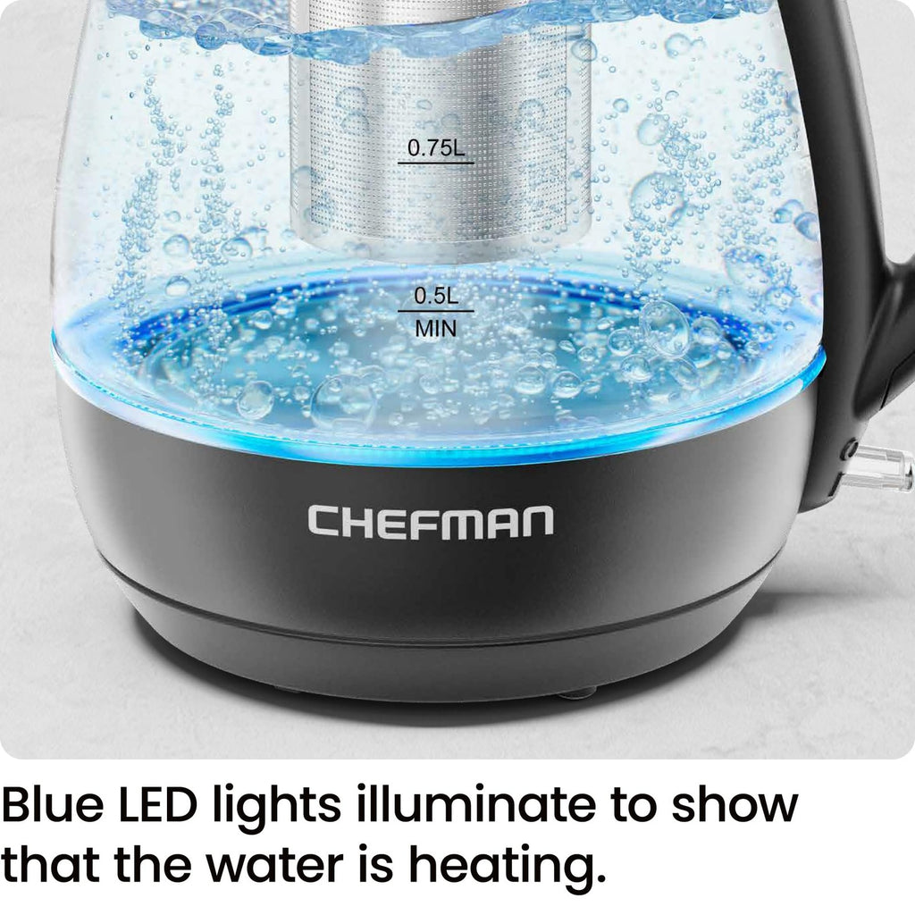 Compact Chefman Electric Tea Kettle, 1L, Removable Lid, Stainless Steel