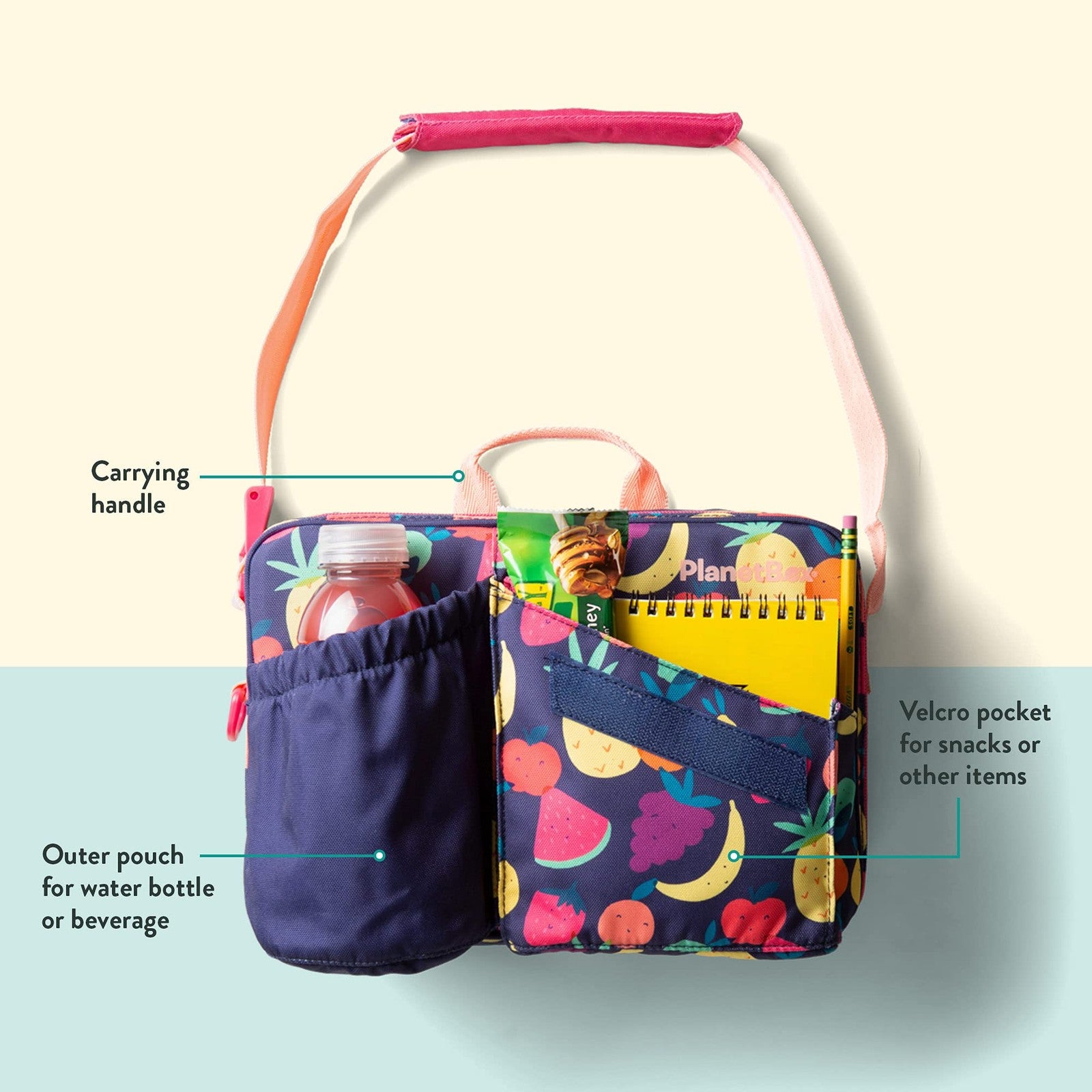 Durable PlanetBox Lunch Bag, Tutti Frutti, Insulated w/ Pockets for Snacks