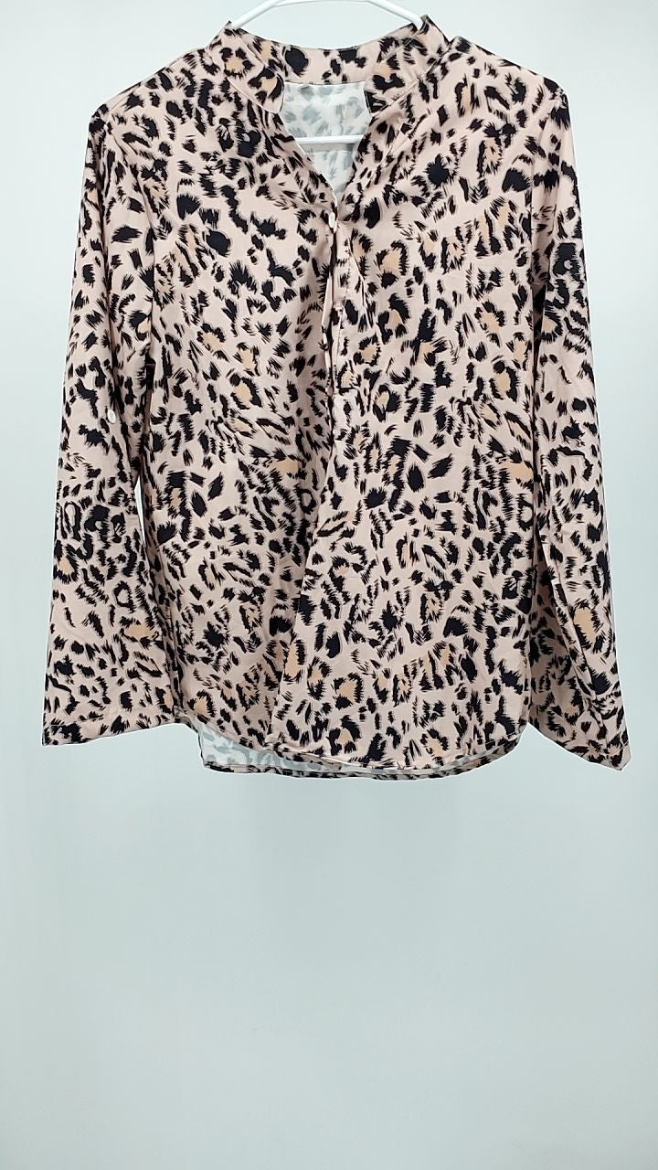 Leopard Button Detail Notched Long Sleeve Blouse