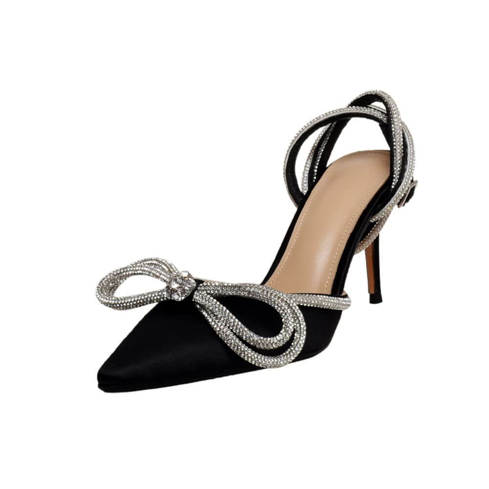Women's Rhinestone Bow Heels Ankle Strap Sandals Black Size 8