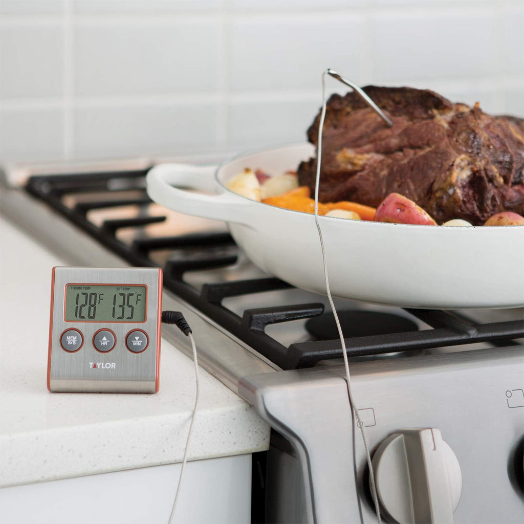 Wired Probe Cooking Thermometer w/ Timer Alarm, Red Steel Design