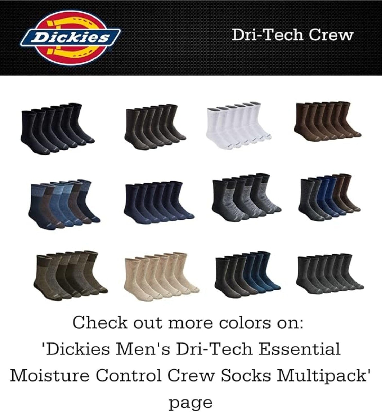 6 Pairs Dickies Dri-Tech Moisture Control Crew Socks, Black, Size 6-12