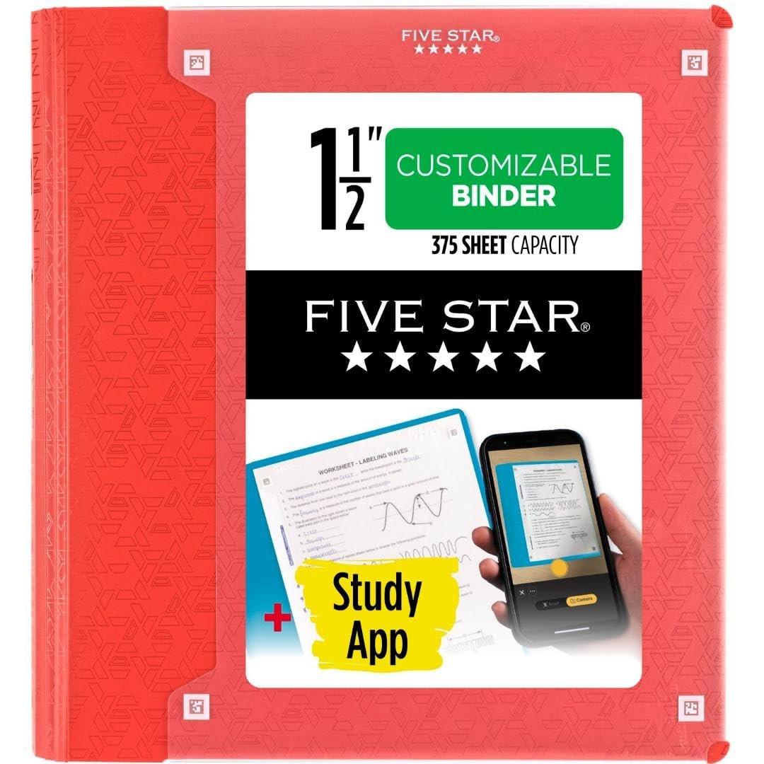 1.5 In Five Star 3-Ring Binder, 375 Sheet Capacity, 6 Pack, Assorted Colors