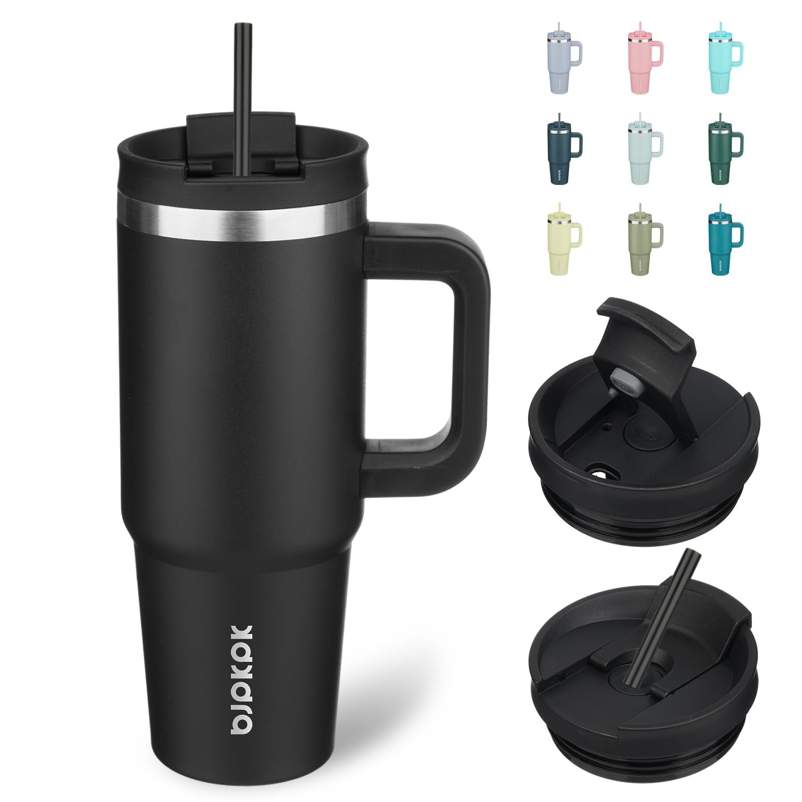 30oz Black Stainless Steel Insulated Tumbler w/ Handle & Straw