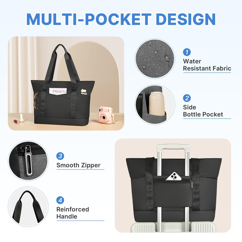 Black Large Tote Bag for Women w/ Laptop Compartment & Trolley Sleeve