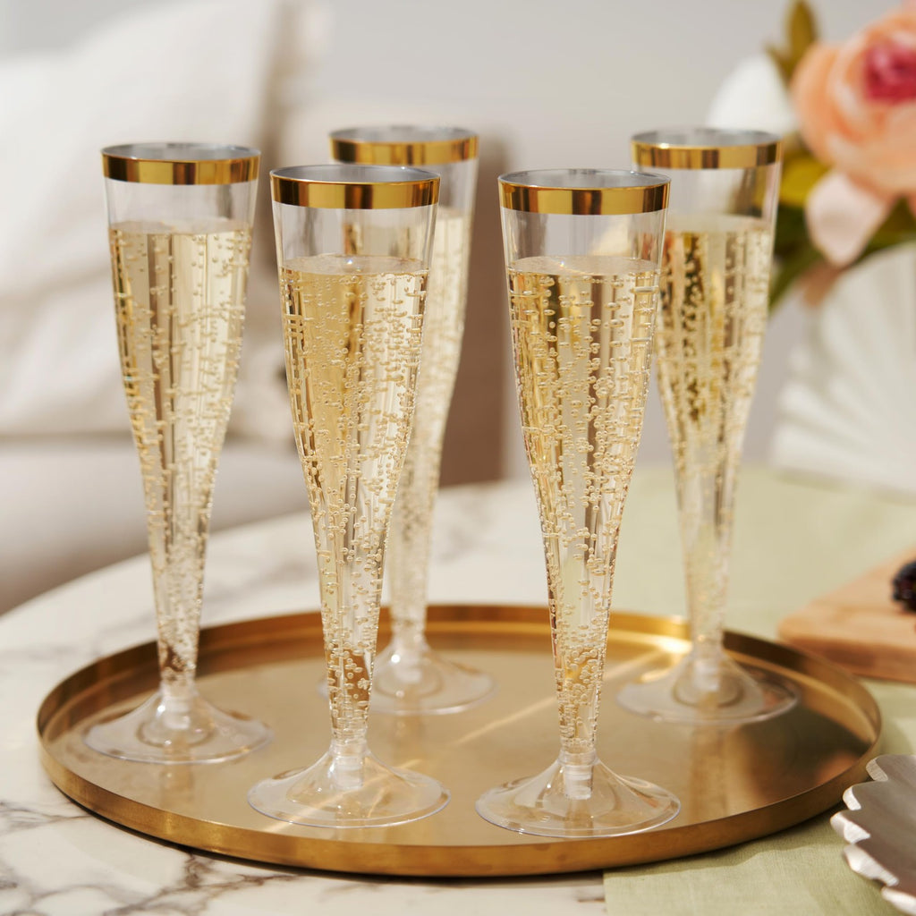 Gold Rimmed Disposable Champagne Flutes, 5.5oz, Set of 12