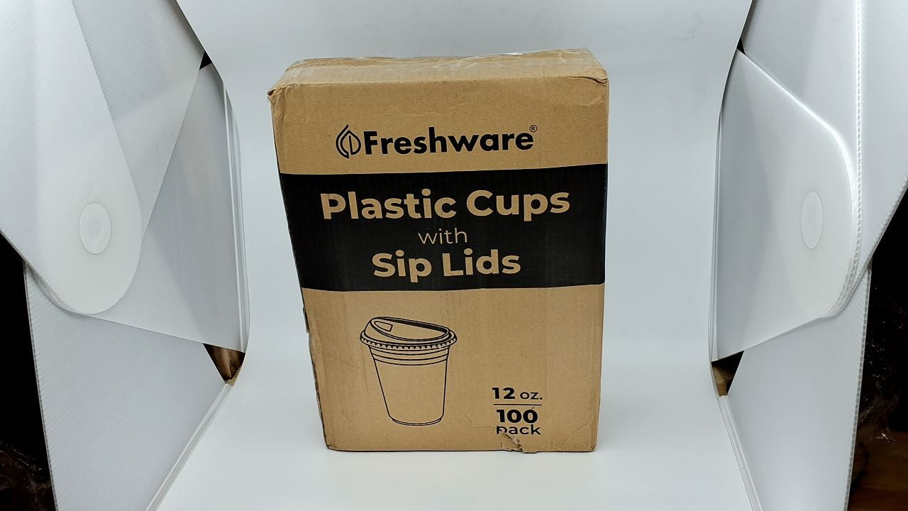 100 Pack 12 Oz Clear Plastic Cups w/ Strawless Sip Lids - Disposable Tumblers