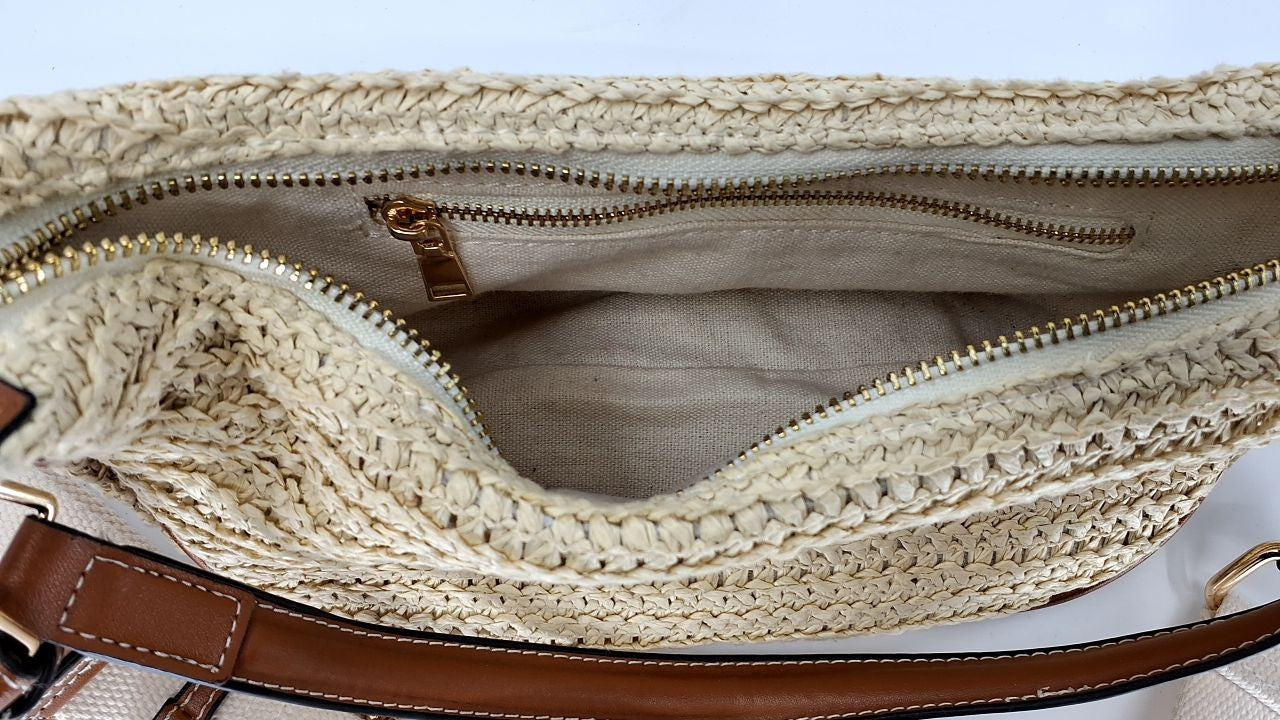 Khaki Straw Crossbody Bag for Women w/ Adjustable Strap - Summer Chic