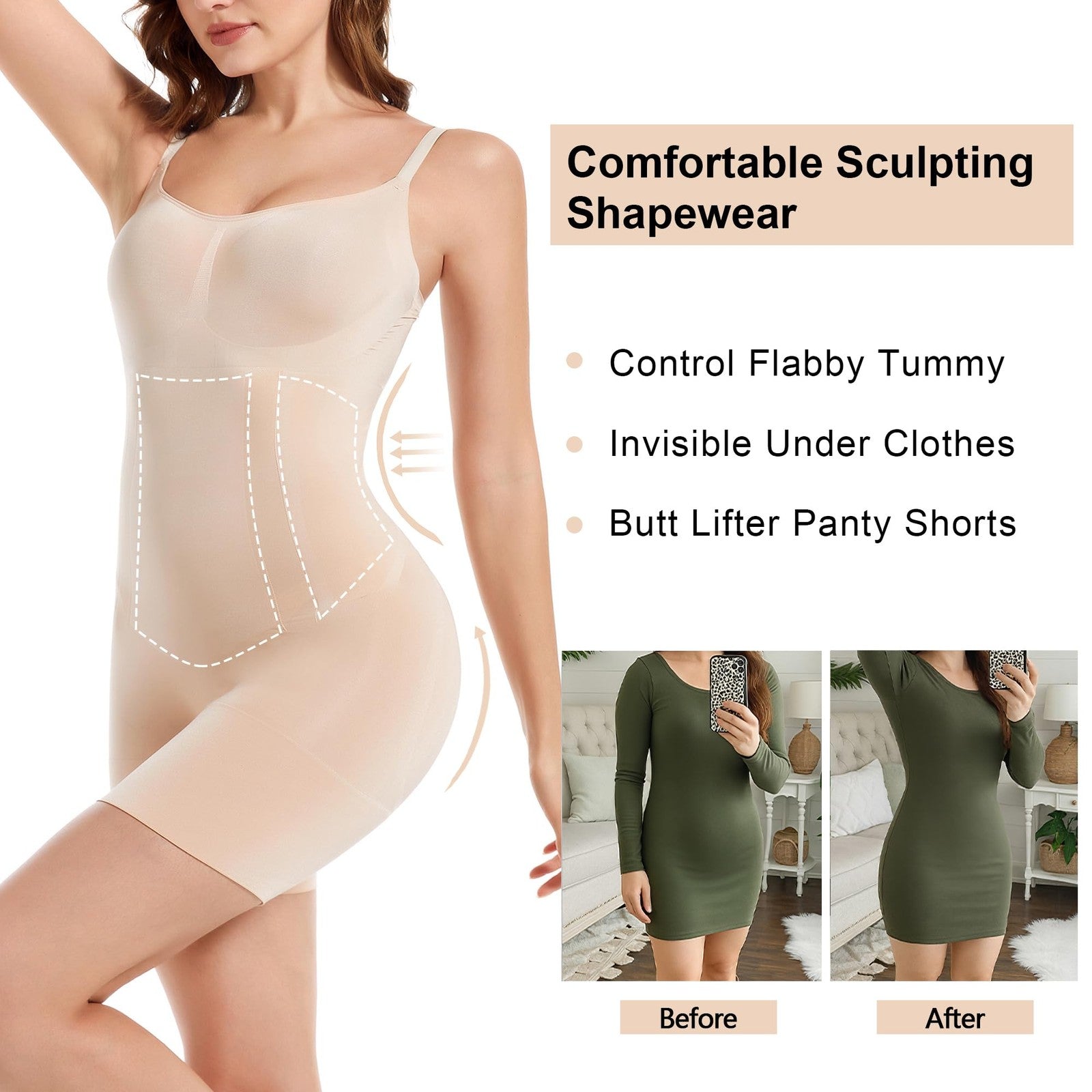 SHAPERX Women's Tummy Control Bodysuit Mid-Thigh Seamless Beige L