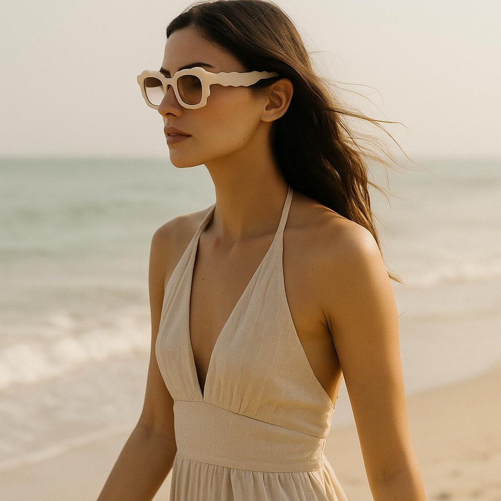 Beige Square Sunglasses w/ Irregular Wave-Shaped Frames for Women & Men