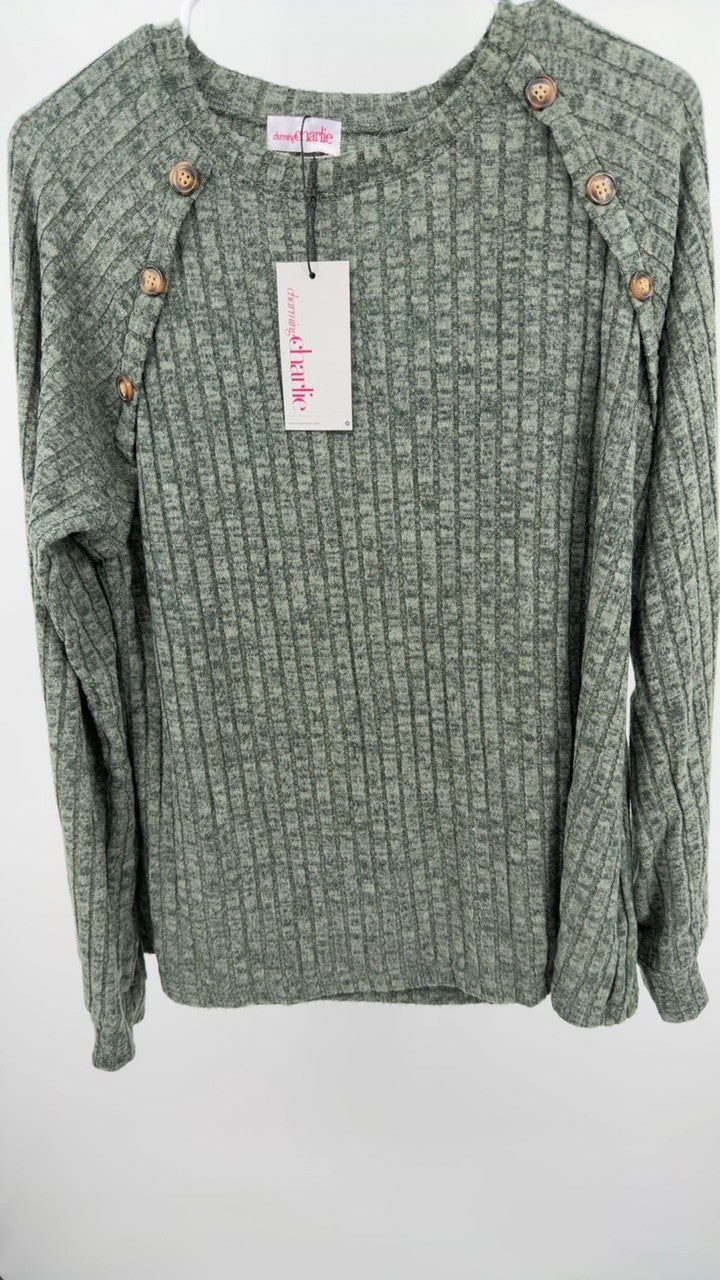 Ribbed Knit Decor Button Long Sleeve T-Shirt