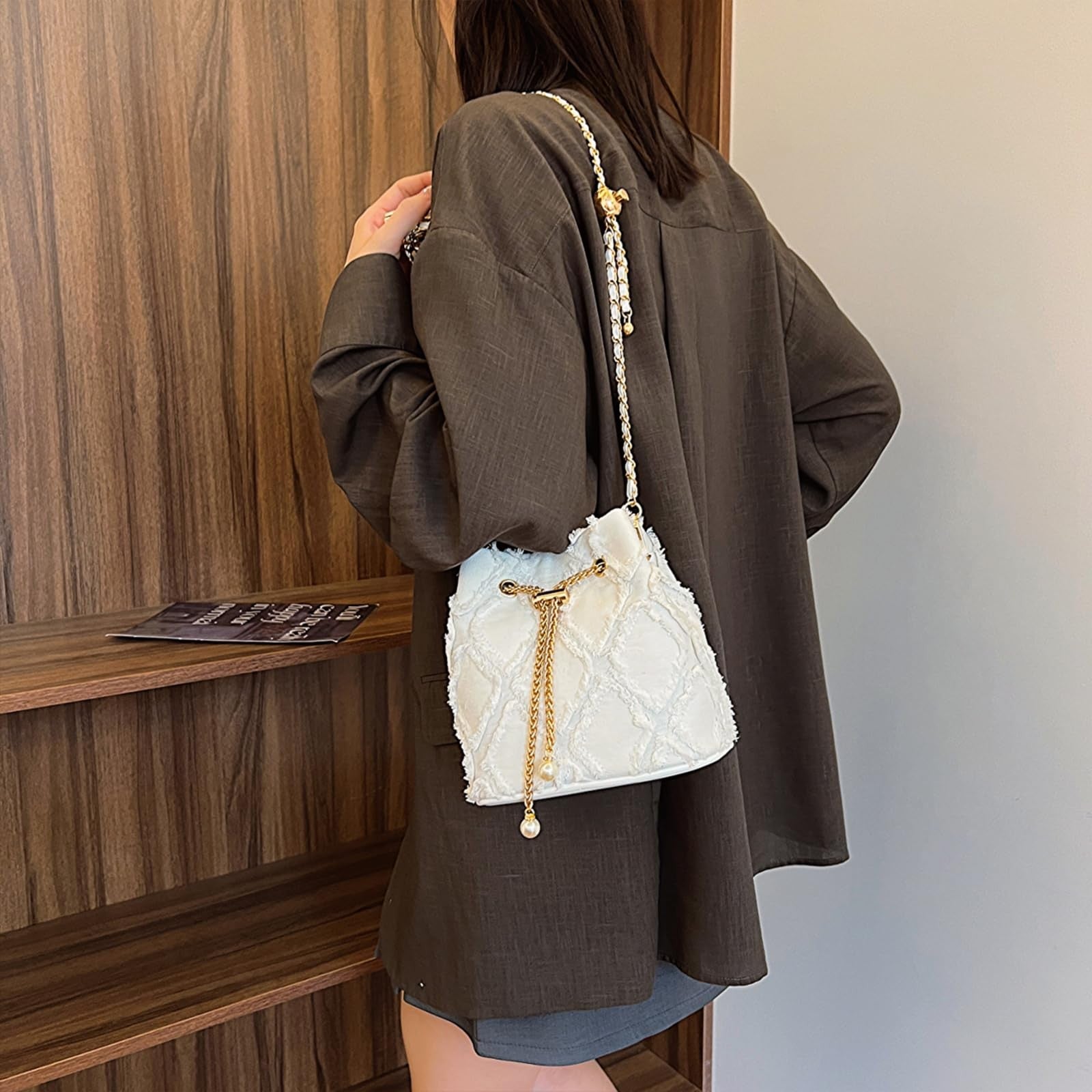 Extolove White Denim Bucket Bag Quilted Drawstring Hobo Purse