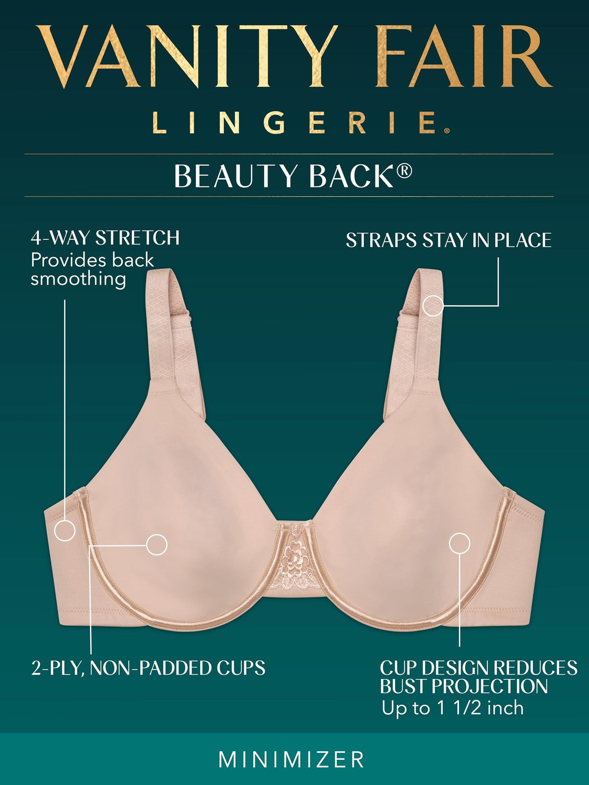 Vanity Fair womens Beauty Back Smoothing Minimizer Bra, Totally Tan, 38DD US
