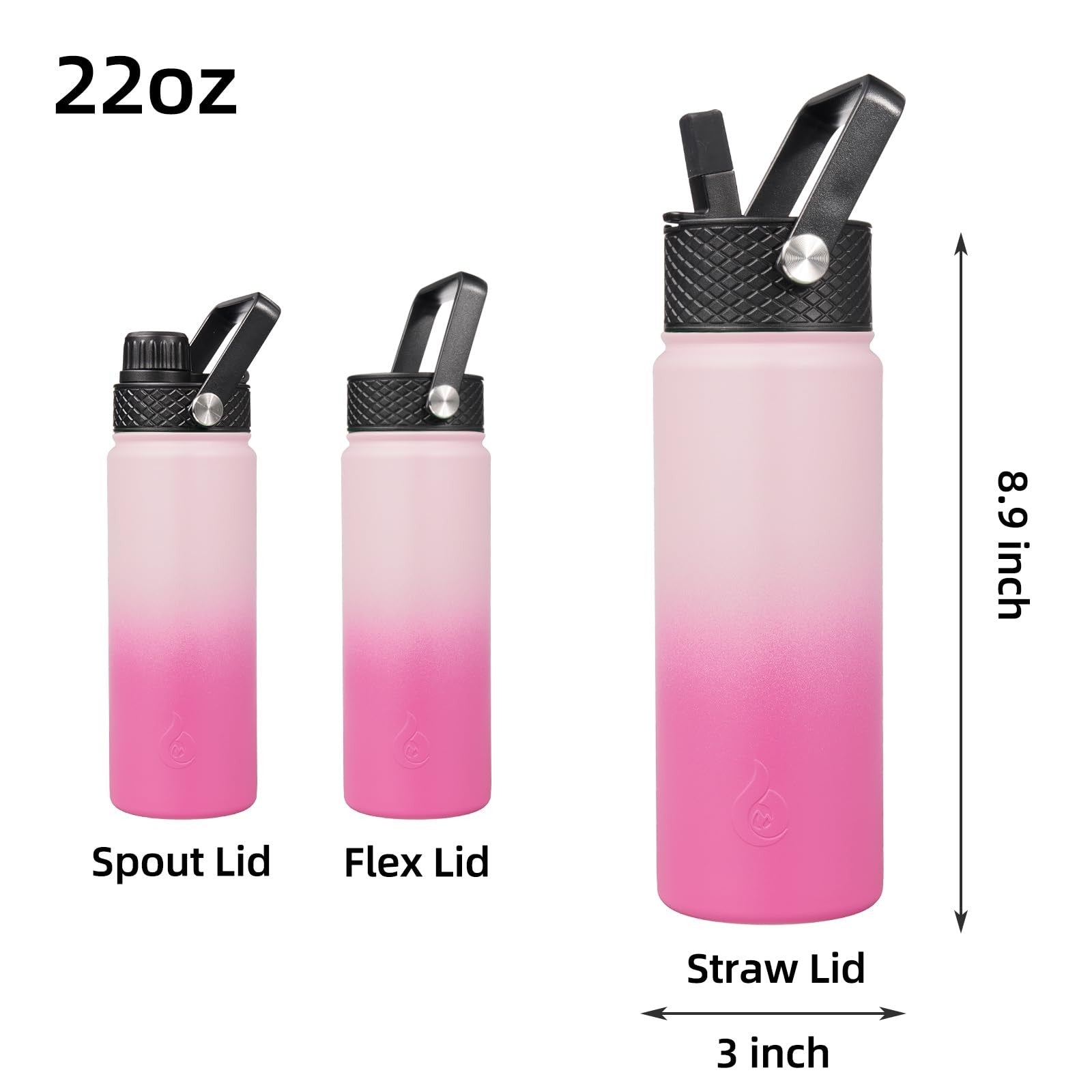 22oz Cherry Insulated Water Bottle, Stainless Steel, 3 Lids Included