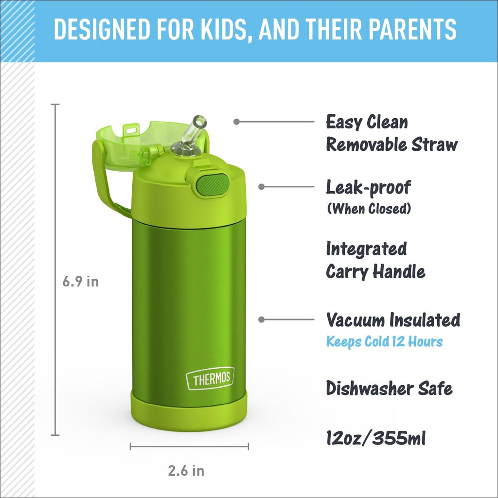 Lime 12oz Thermos FUNtainer Kids Water Bottle w/ Straw, Stainless Steel