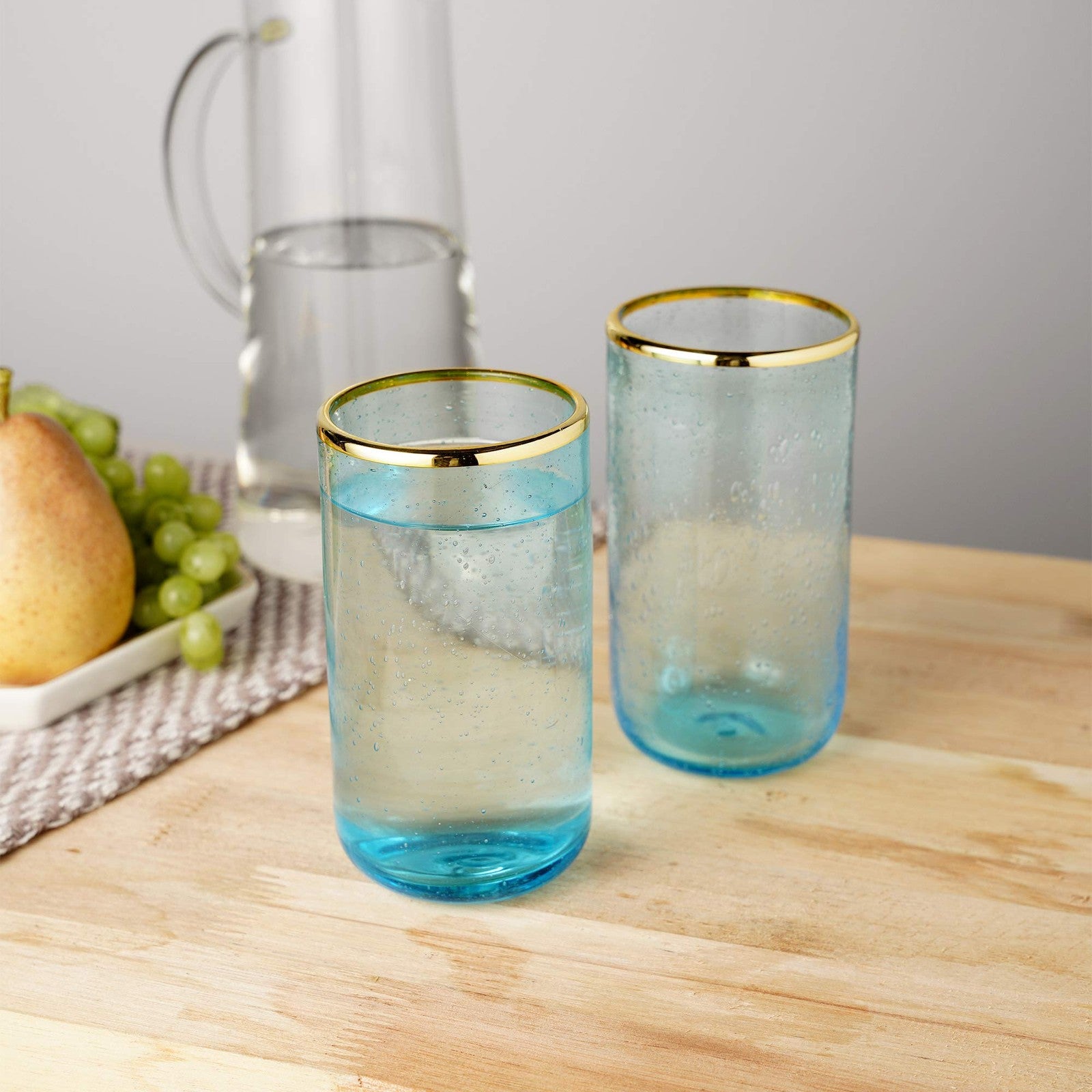 16 oz Blue Aqua Glass Tumblers Set of 2, Gold Rimmed Drinkware