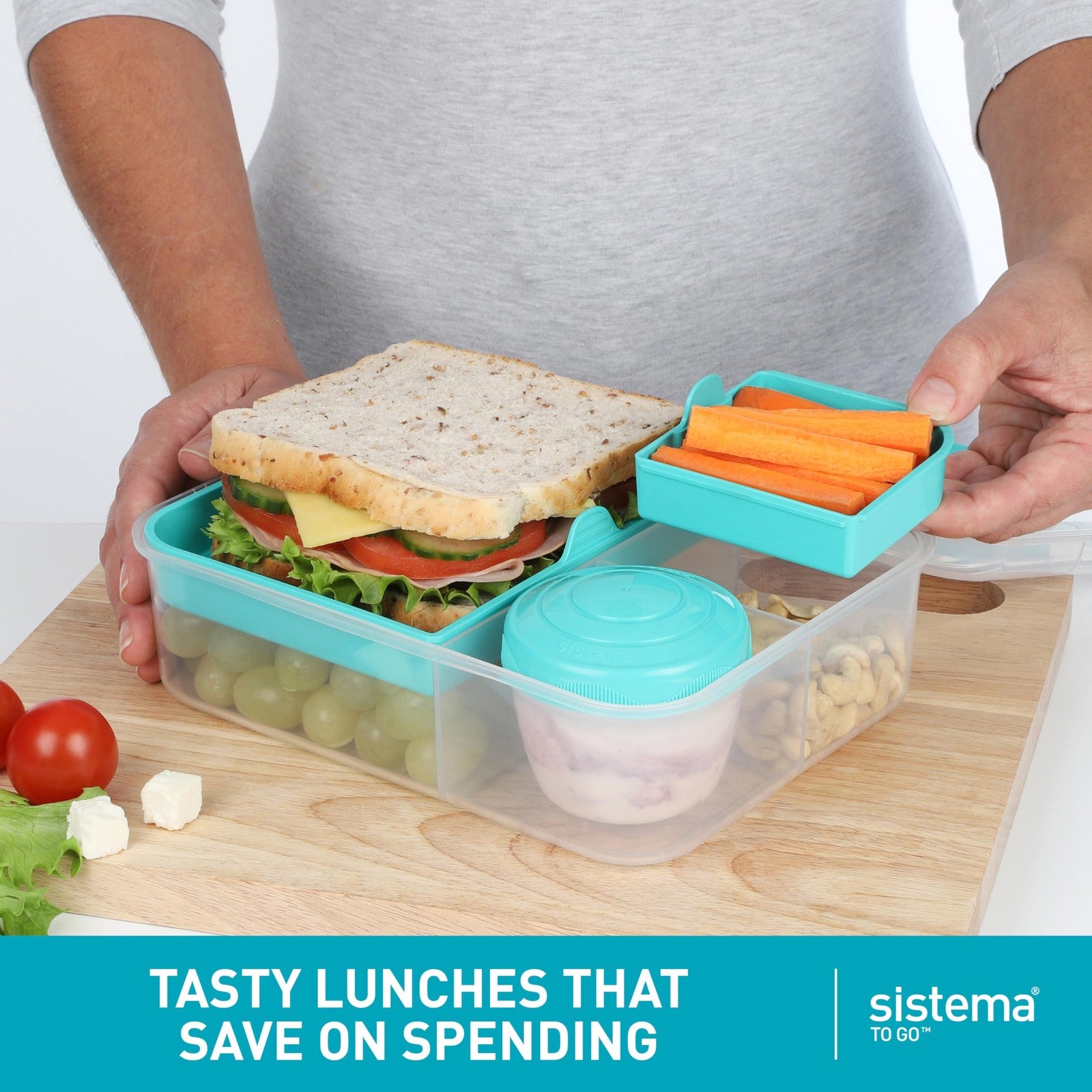 Sistema 1.65L Bento Box w/ Compartments 2 Count Minty Teal & Blue