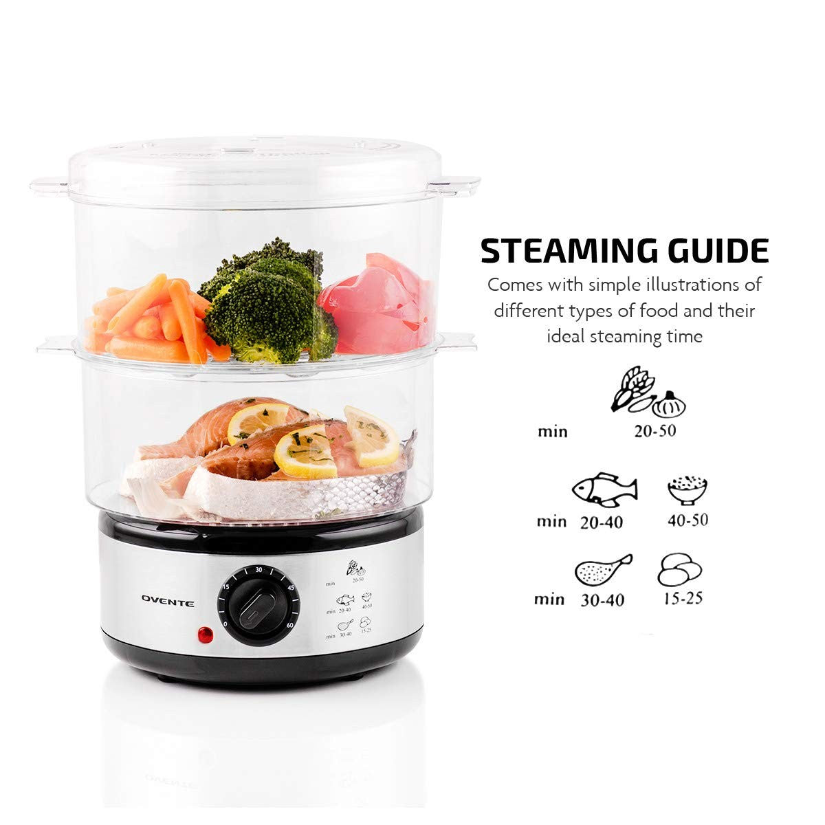 Electric Food Steamer, 2-Tier, 400W, 60-Min Timer, Stainless Steel, Silver