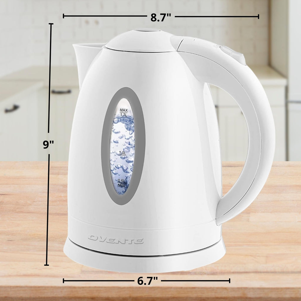 1.7L OVENTE Electric Kettle, Auto Shut-Off, Removable Filter, White