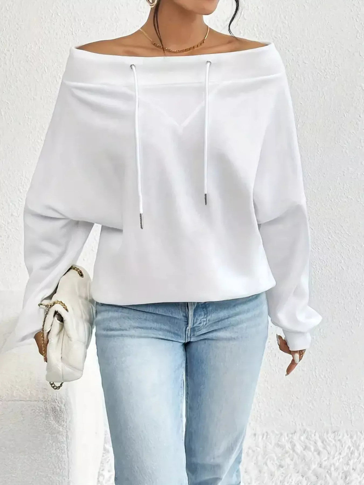 Full Size Off-Shoulder Drawstring Long Sleeve Top Plus Size