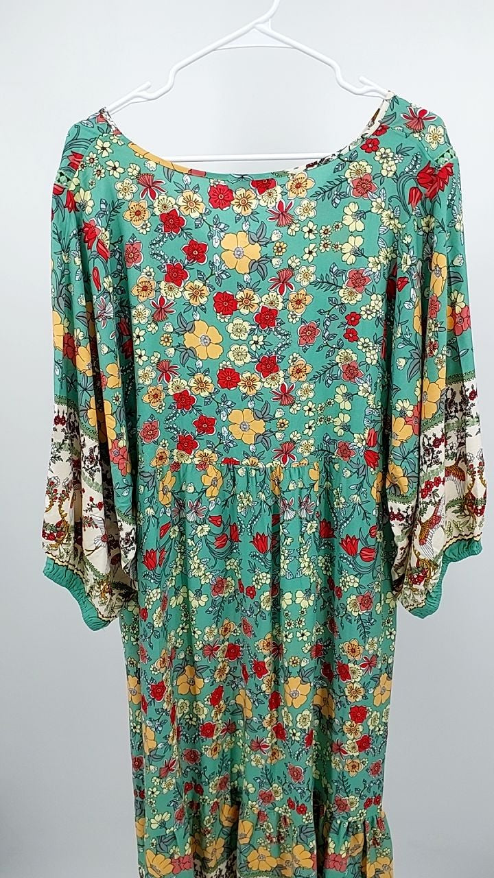 Plus Size Bohemian Floral Print Long Sleeve Midi Dress