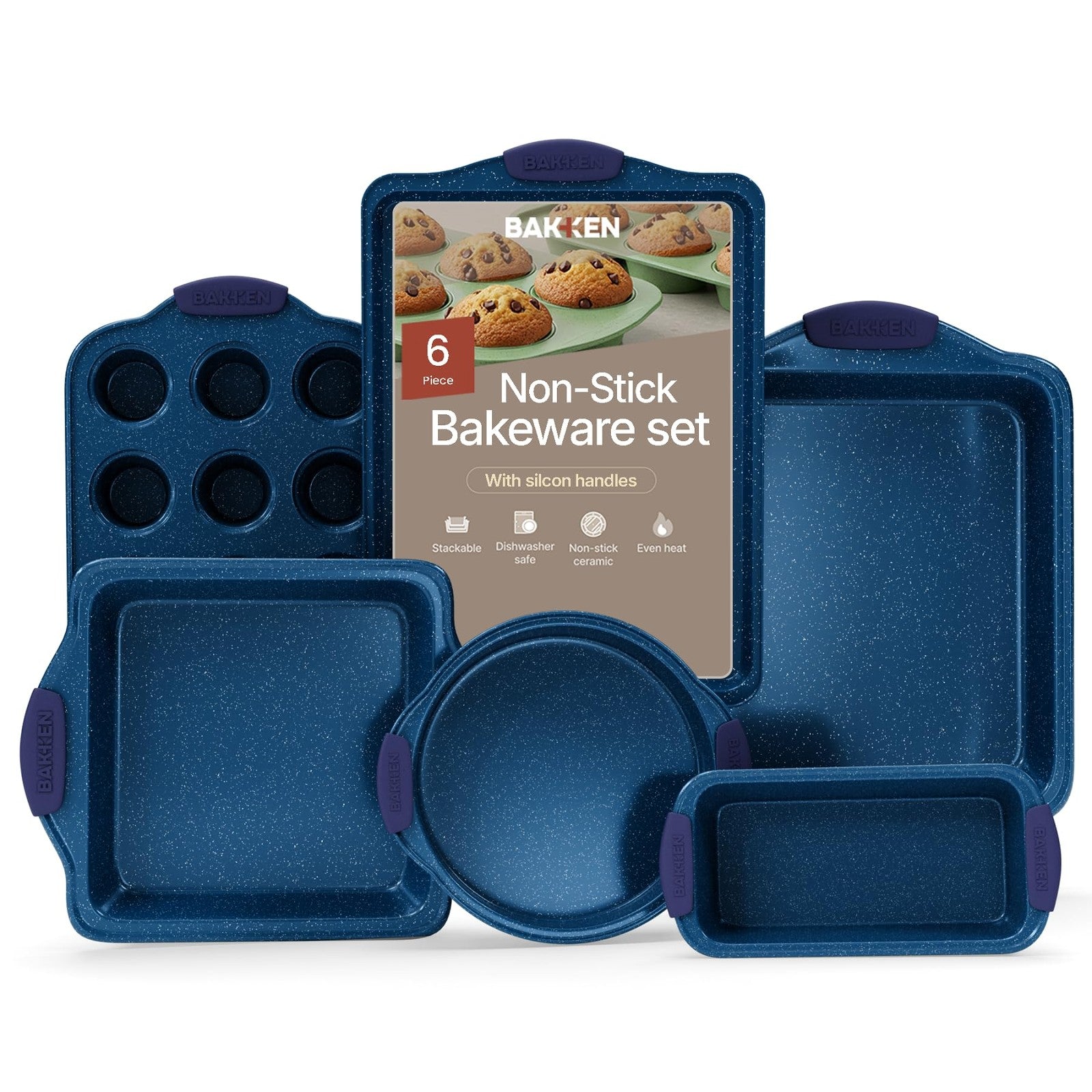 Carbon Steel Baking Pan Set - 6-Piece Nonstick Bakeware w/ Blue Handles