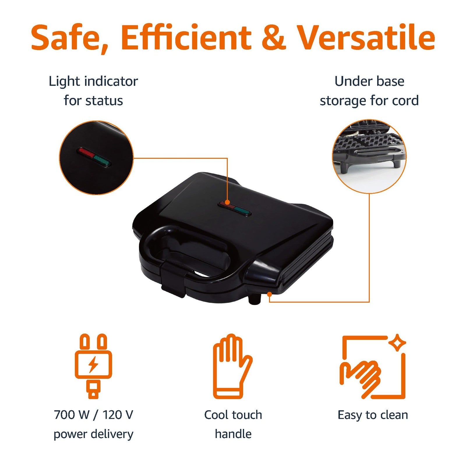 Amazon Basics 2-Slice Waffle Maker, Easy Clean, Black, 700W