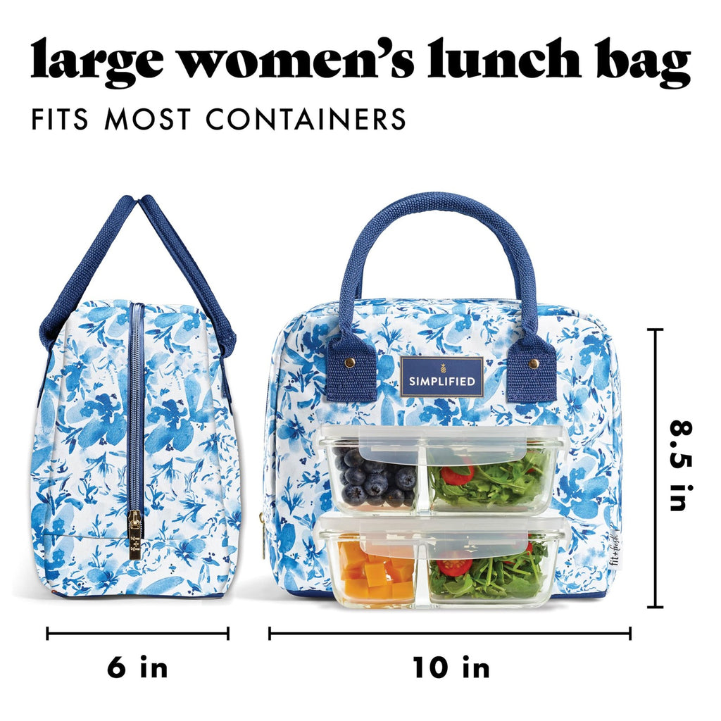 Fit & Fresh Women's Lunch Bag, Insulated, Blue Floral, Zipper Closure
