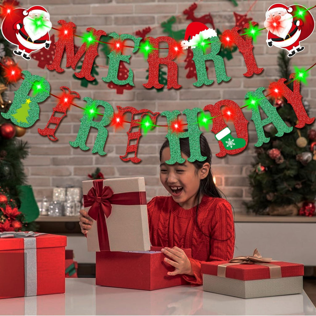 Christmas Birthday Party Banner, Glittery Design w/ Battery Fairy Lights