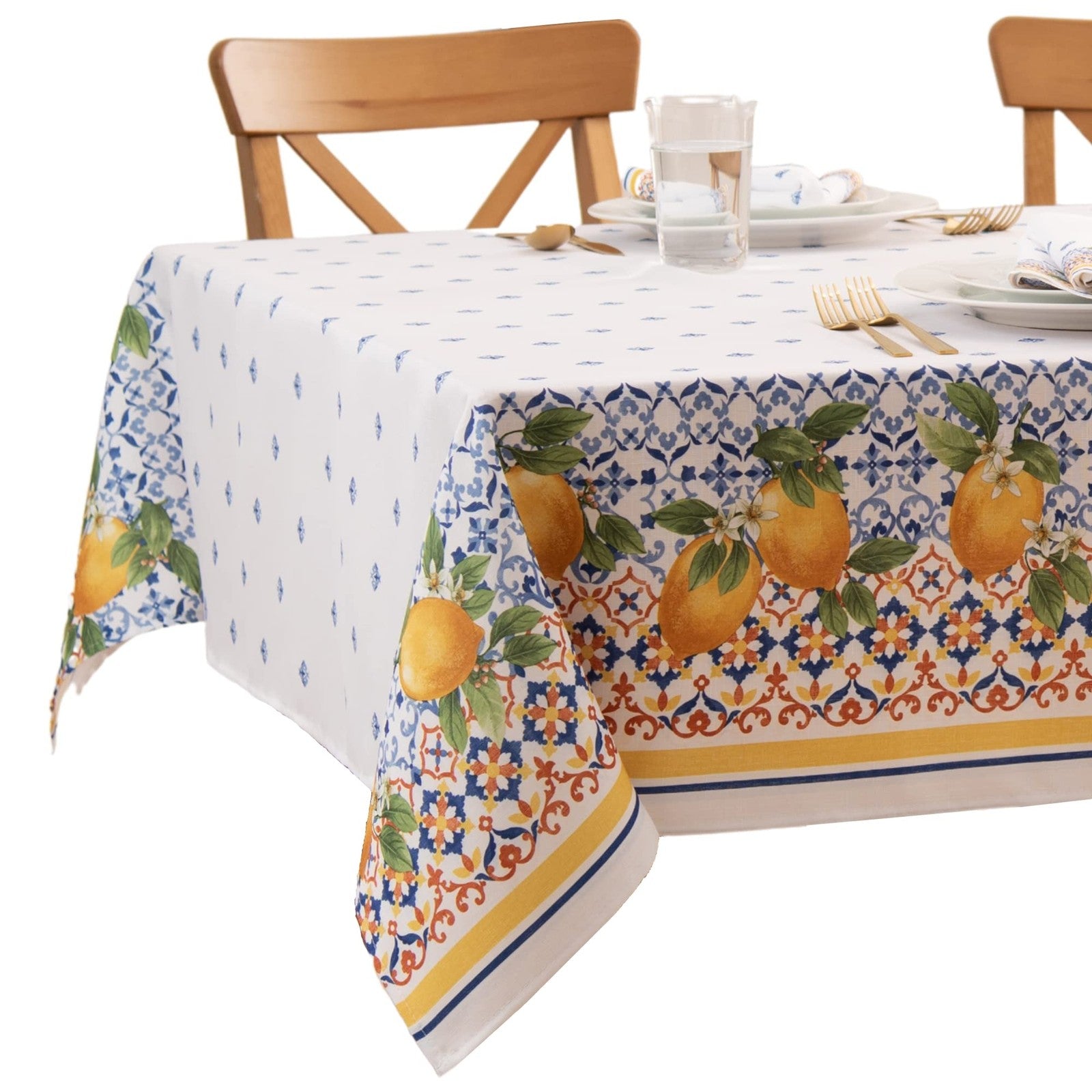 Capri Lemon Double-Bordered Tablecloth 60"x102" Multicolor Polyester