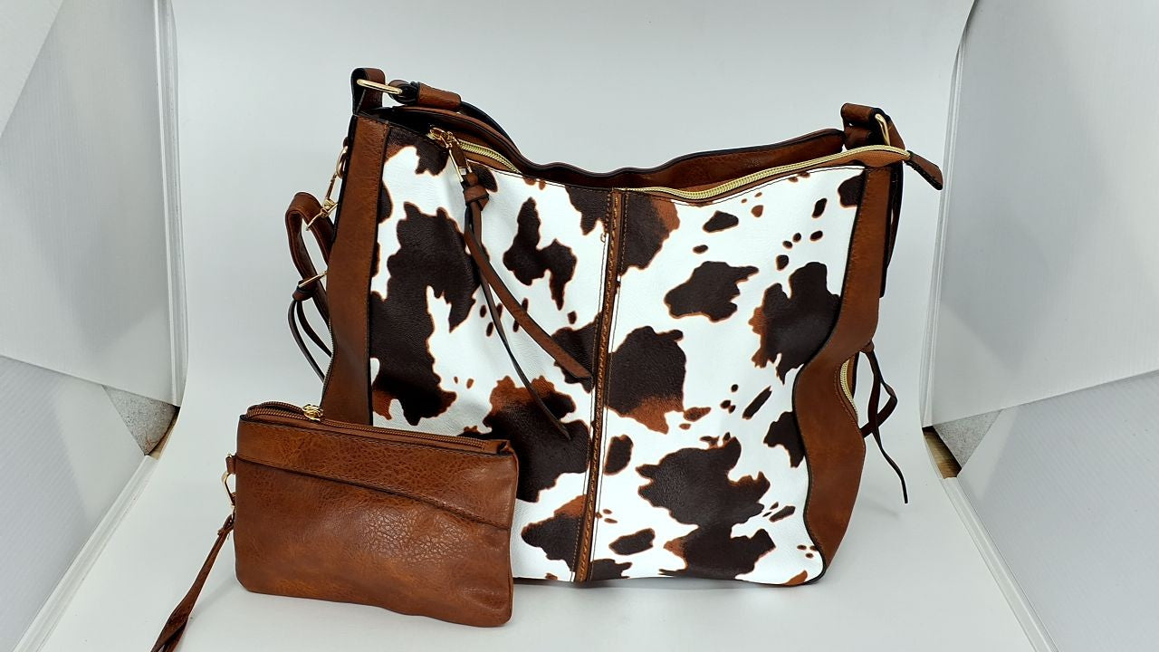 Women Tote Bag Set w/ Handbag, Messenger Bag & Wallet - A-Cow-Brown