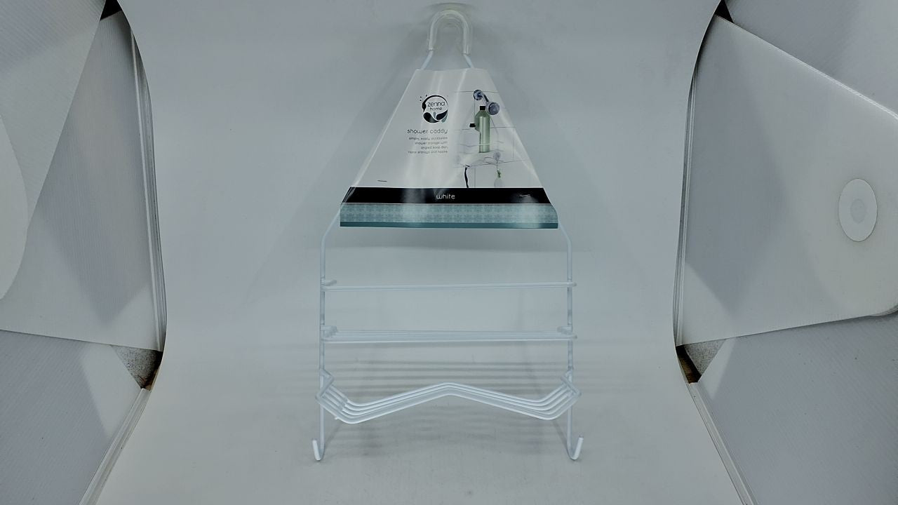 Hanging Shower Caddy Over Head, White Steel, 1 Wide Shelf & Soap Dish