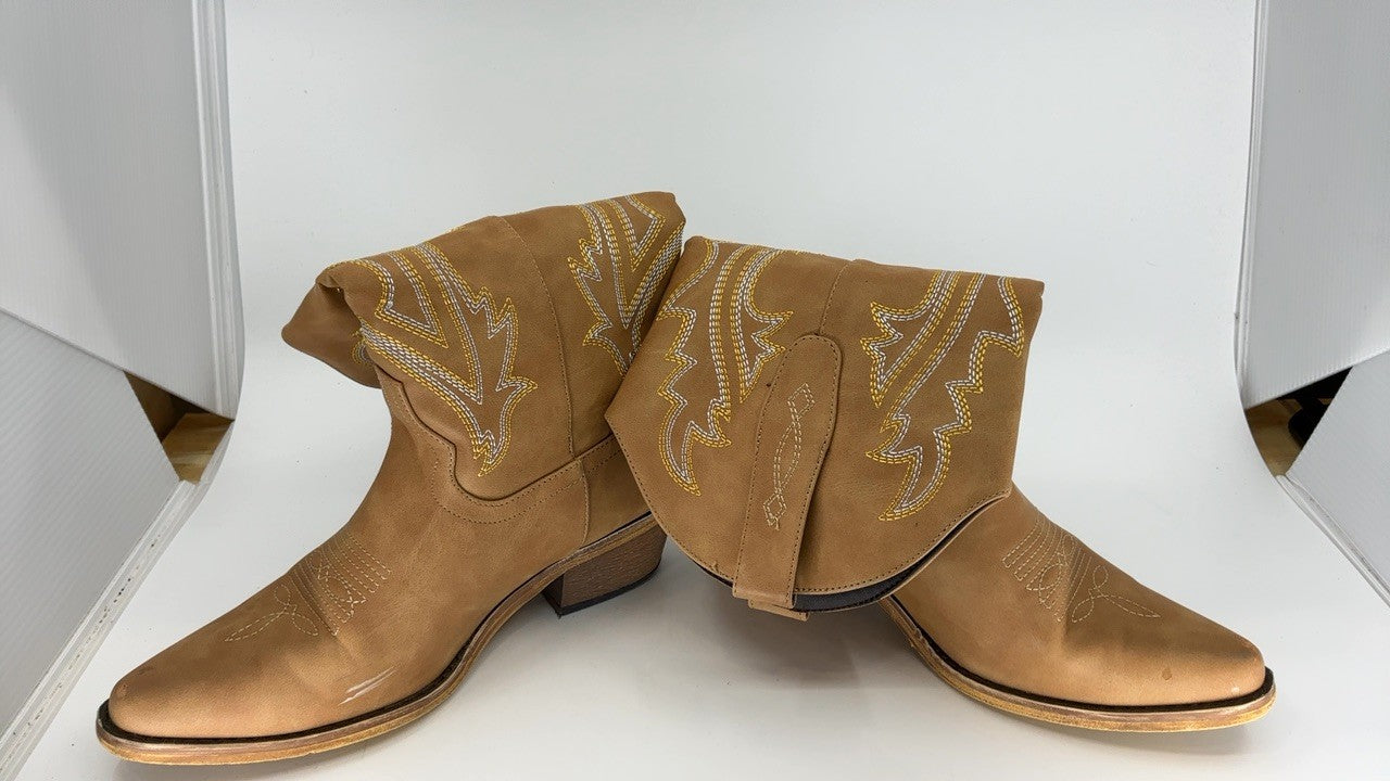 Women’s Tan Cowgirl Boots Mid Calf Square Toe Western Style