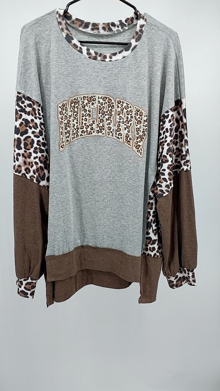 Color Block Leopard Contrast Letter Graphic Christmas Sweatshirt