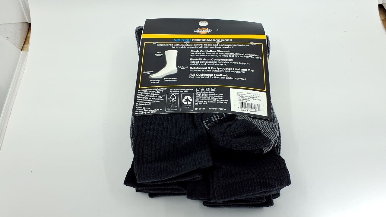 6 Pairs Dickies Dri-Tech Moisture Control Crew Socks, Black, Size 6-12