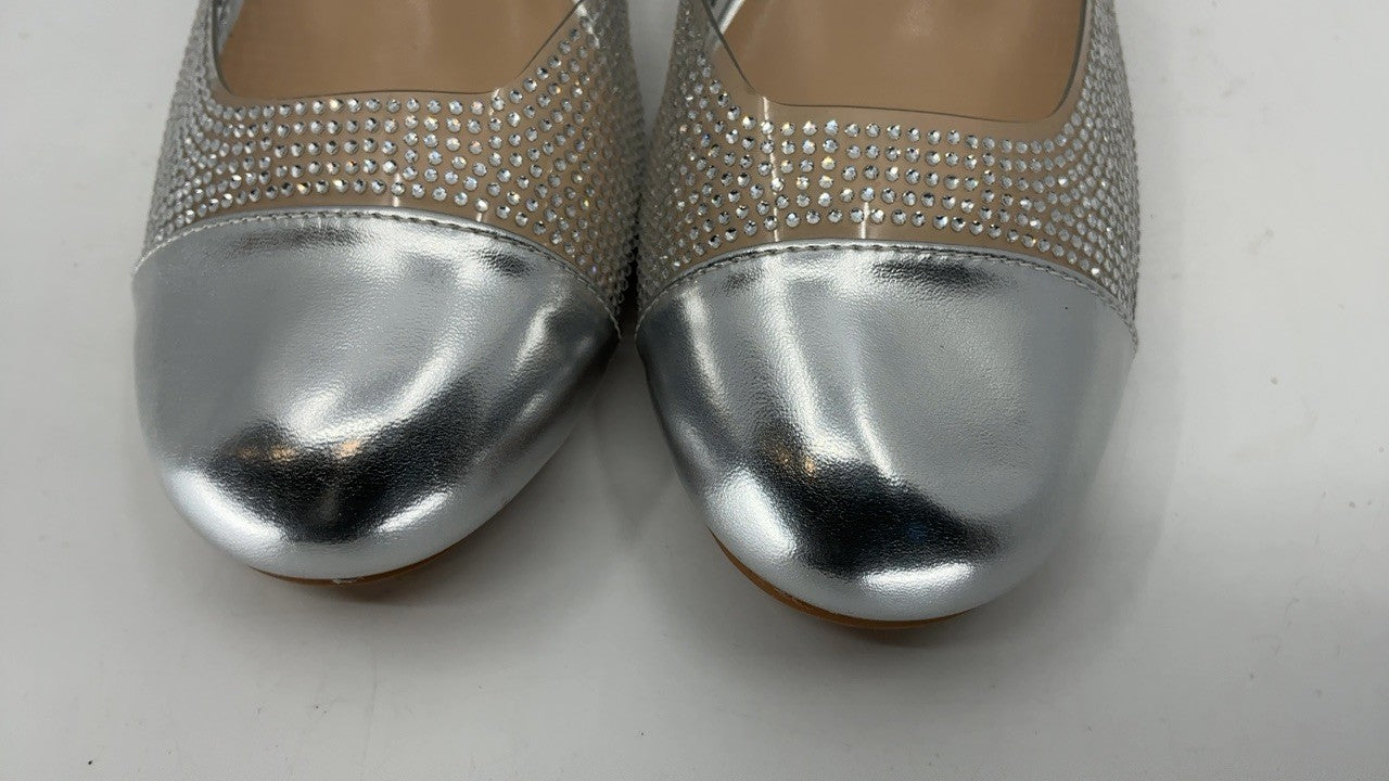 Chunky Heel Pumps for Women, Rhinestone Ankle Strap, Silver, Size 8.5