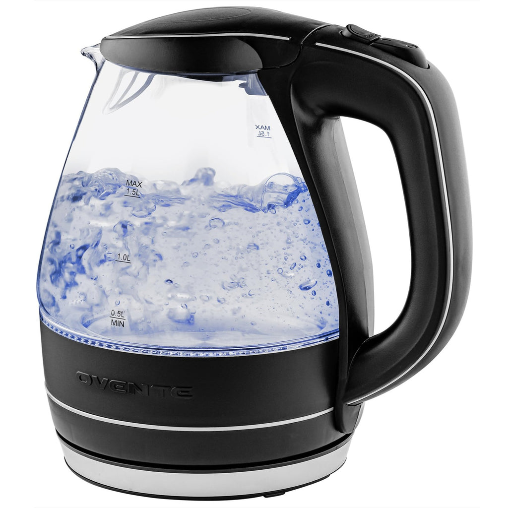 OVENTE 1.5L Glass Electric Kettle Black w/ LED Light & Safety Features