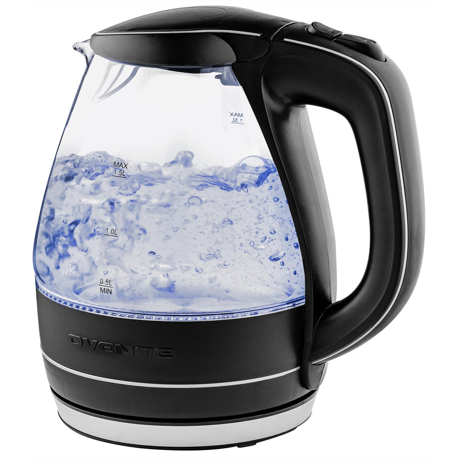 OVENTE 1.5L Glass Electric Kettle Black w/ LED Light & Safety Features