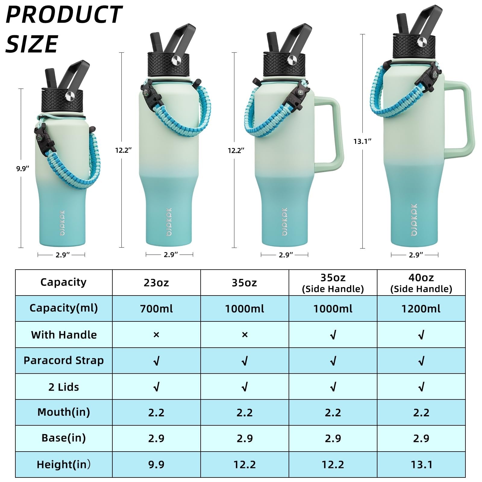 Mint Metal Water Bottle 35oz w/ Straw Lid & Paracord Strap, Insulated